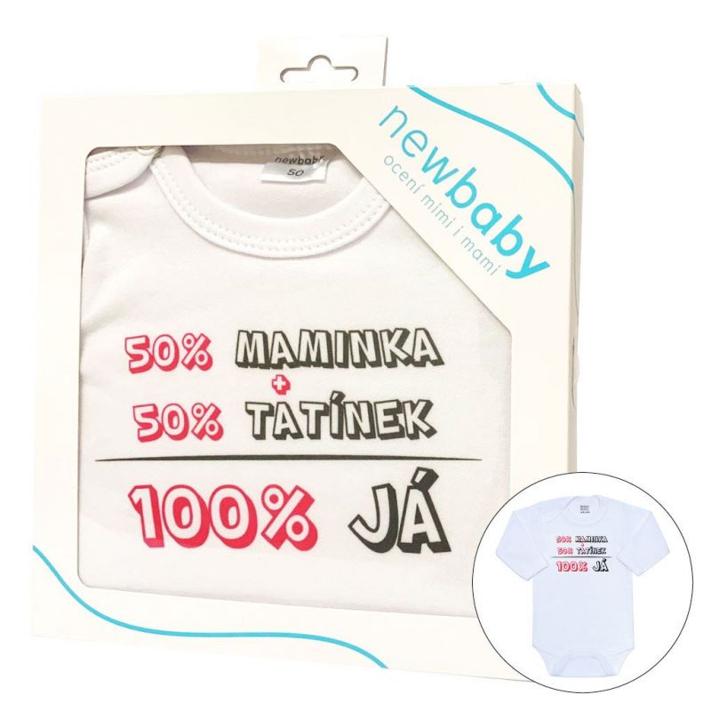 Body s potiskem New Baby 50% MAMINKA + 50% TATÍNEK - 100% JÁ růžové - dárkové balení Bílá