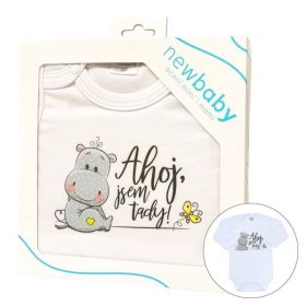 Body s potiskem New Baby Ahoj, jsem tady! - dárkové balení Šedá | 50, 74 (6-9m), 80 (9-12m), 86 (12-18m)