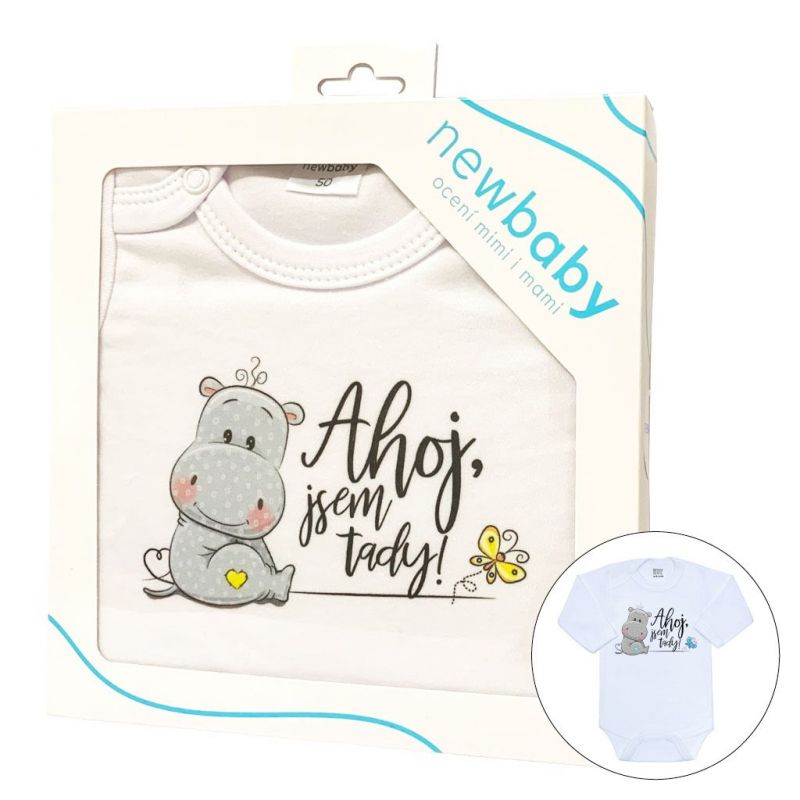 Body s potiskem New Baby Ahoj, jsem tady! - dárkové balení Šedá