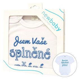 Body s potiskem New Baby Jsem Vaše splněné přání - dárkové balení Modrá | 50, 62 (3-6m), 74 (6-9m), 80 (9-12m), 86 (12-18m)