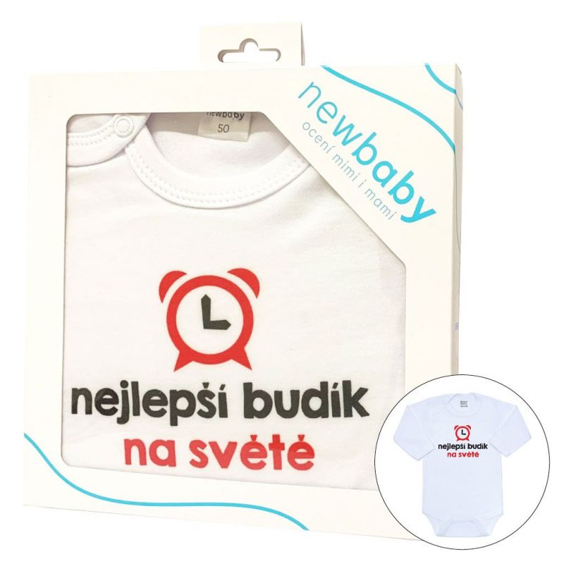 Body s potiskem New Baby nejlepší budík na světě - dárkové balení Červená