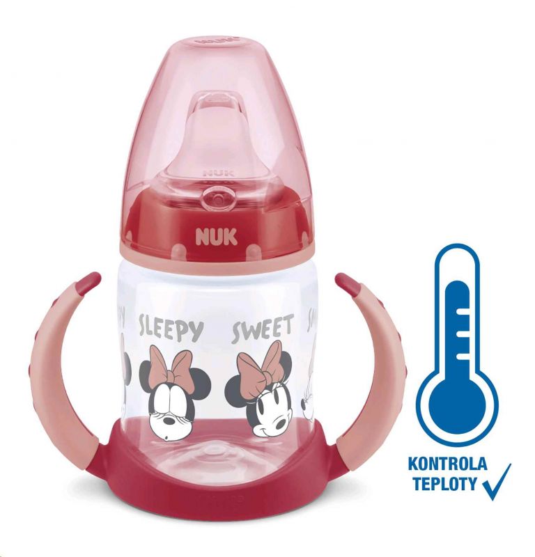 Kojenecká láhev na učení NUK Disney Mickey s kontrolou teploty 150 ml červená