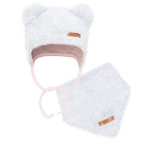 Zimní kojenecká čepička s šátkem na krk New Baby Teddy bear šedo růžová Šedá | 74 (6-9m), 86 (12-18m)