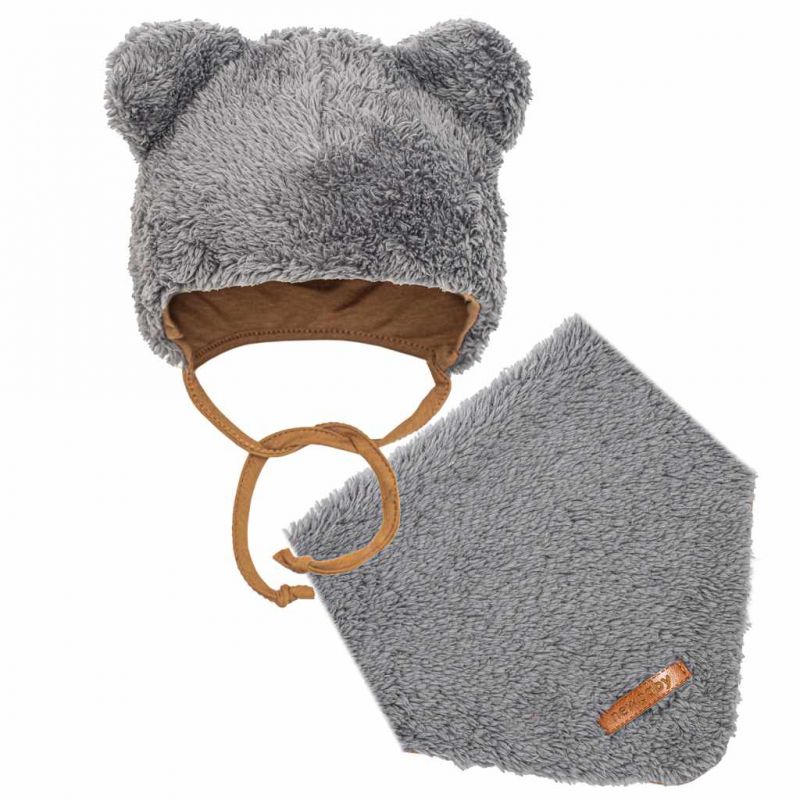 Zimní kojenecká čepička s šátkem na krk New Baby Teddy bear šedá Šedá