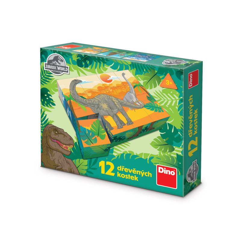 Dřevěné licenční kostky Jurský svět – 12 kostek DINO Toys