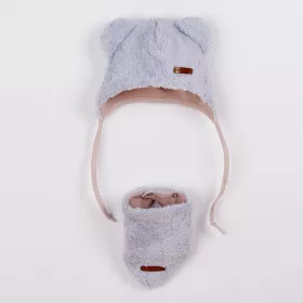 Zimní kojenecká čepička s šátkem na krk New Baby Teddy bear šedo růžová Šedá