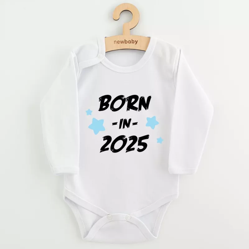 Dětské body s potiskem New Baby BORN IN 2025 blue Bílá
