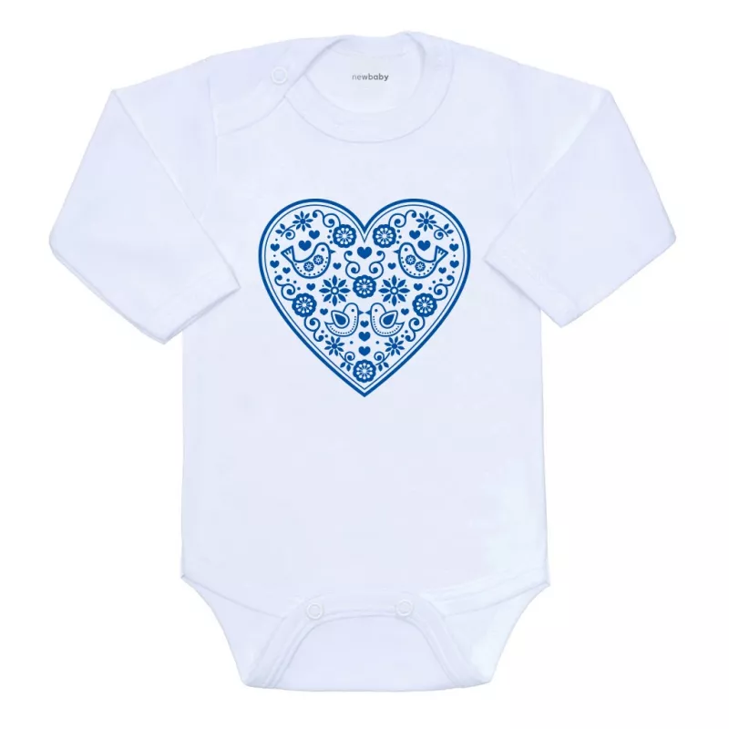 Dětské body s potiskem New Baby Lidový vzor modré srdíčko