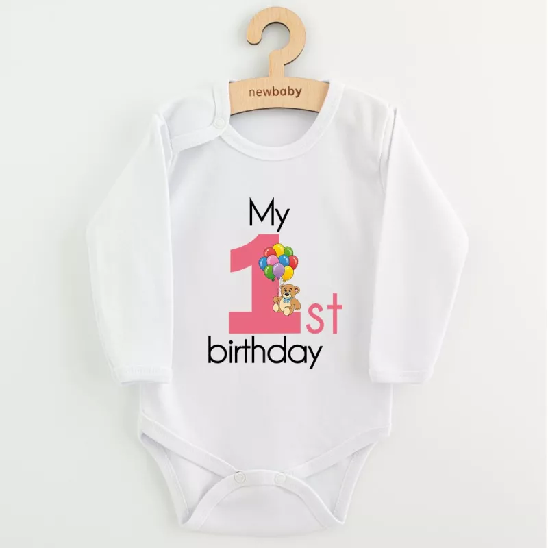 Dětské body s potiskem New Baby My first birthday pink Růžová
